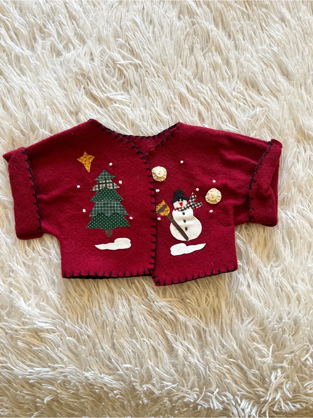 Tender Heart 1990s' Doll Bear Festive Red Snowman & Tree Cardigan Handmade